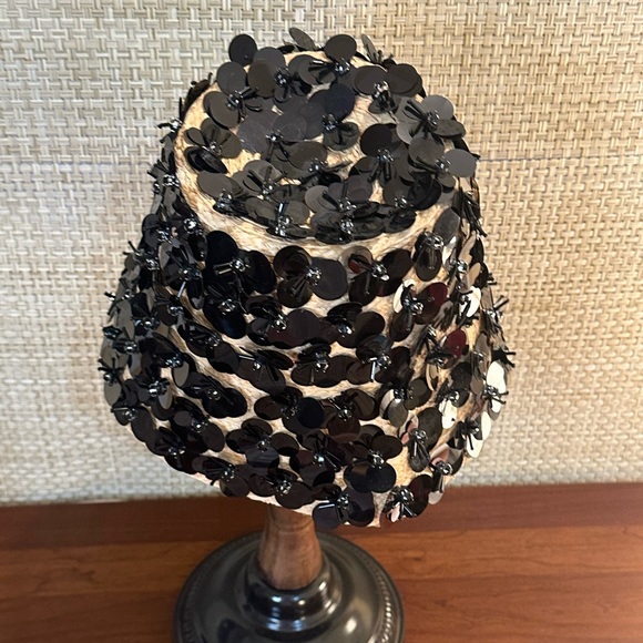 🌟3xHP🌟VTG 2000s Kate Spade Madison Ave Tan/Black Daisy Sequin Straw Bucket Hat - Picture 5 of 11